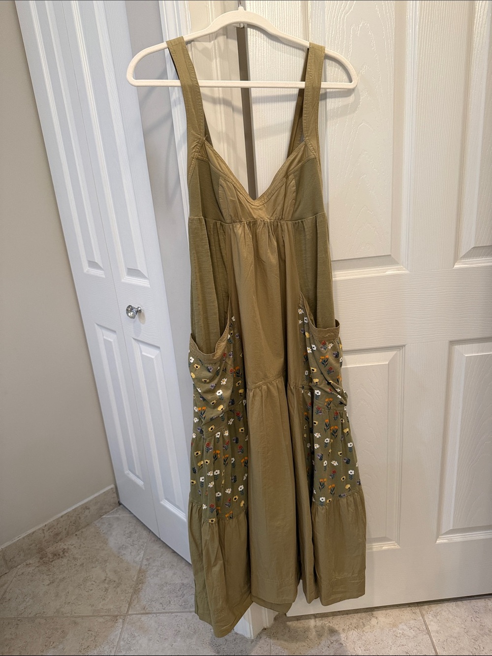 Olive Green Maxi Dress with Embroidered Pockets